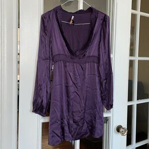 BCBG MaxAzaria Y2K royal purple empire long sleeve mini silk dress baby doll